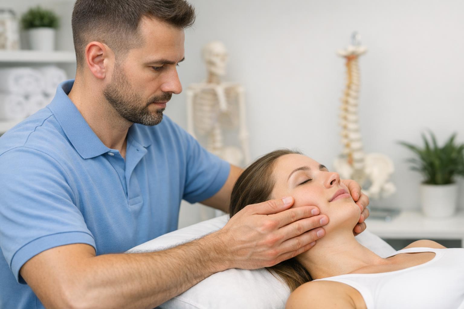 zdjęcie terapeuty wykonującego palpację mięśni żuchwy
