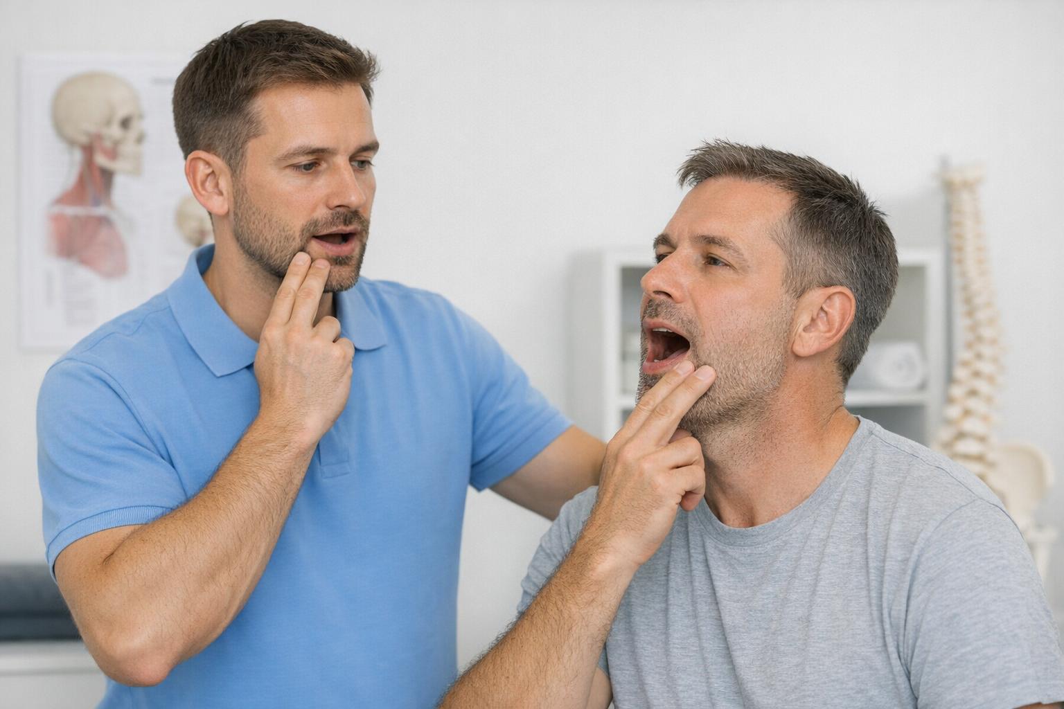 zdjęcie terapeuty uczącego pacjenta ćwiczeń żuchwy