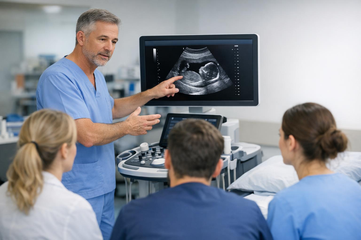 Zdjęcie instruktora omawiającego zapis USG z uczestnikami kursu